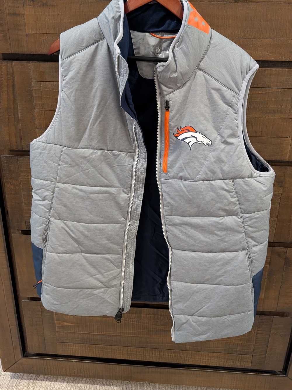 Official Denver Broncos Men's Light Gray Quilted Puffer Vest